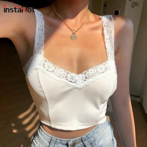 InstaHot 2020 crop top women sleeveless tank tops elegant casual vintage lace slim tops sexy backless camis 2020 vest female top