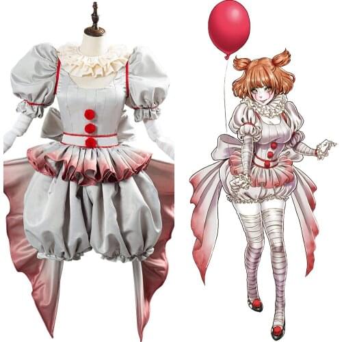 Pennywise Cosplay Costume Horror Pennywise The Clown Costume Outfit for Women Girls Dress Halloween Carnival Suit