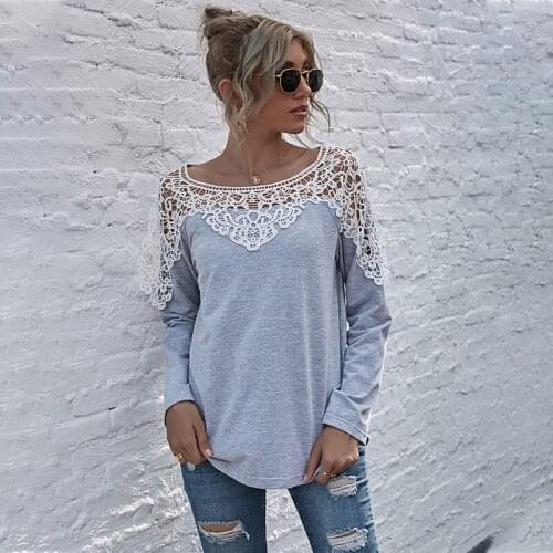Spring and autumn sexy patchwork lace shoulder long sleeve o-neck loose casual grey womens top cross sexy open back hem lace