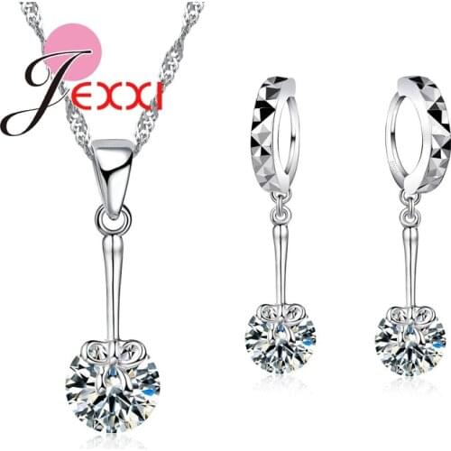 New Fashion Design Bow With Shinny Round Austrian Crystal Pendants Women Necklace & Earrings 925 Sterling Silver Jewelry Set