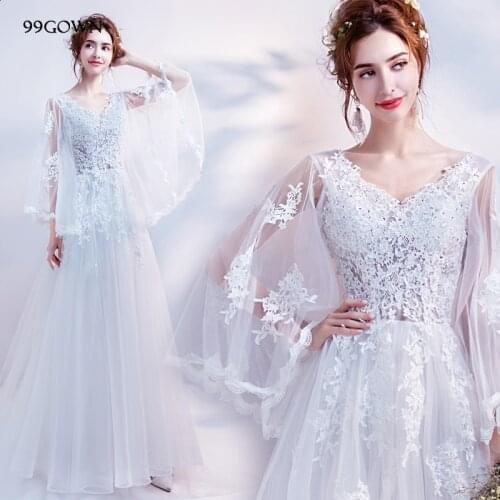 99GOWN Women Wedding Gown Flare Long Sleeve Sexy V-Neck Chapel Train Elegant Long Wedding Dresses Beading Bridal Gown