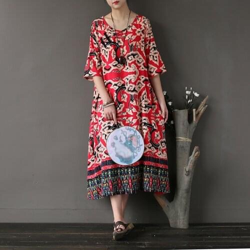 Johnature Print Floral Dress Women Chinese Style 2021 Summer New Casual V Neck Totem Half Sleeve Vintage Loose Women Dresses
