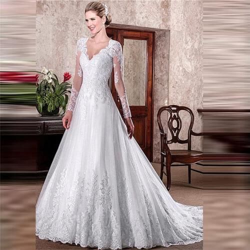 Long Sleeves Natural Waist Wedding Dresses A-Line Bridal Gowns Lace Appliques Backless Sexy Women Church Ladies Wedding Gown