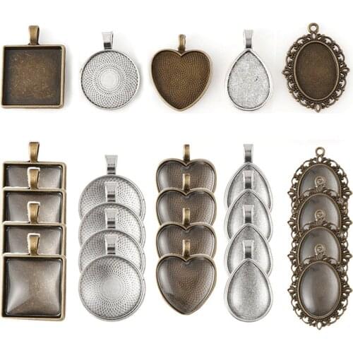 40 Pieces Of 25mm Square Round Heart Waterdrop Oval Pendant Tray Plus Glass For DIY Jewelry Making, Silver And Bronze