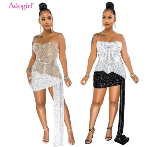 Adogirl Color Patchwork Diamonds Sequins Strapless Party Dress Women Fashion Sexy Backless Ribbon Bodycon Mini Club Vestidos