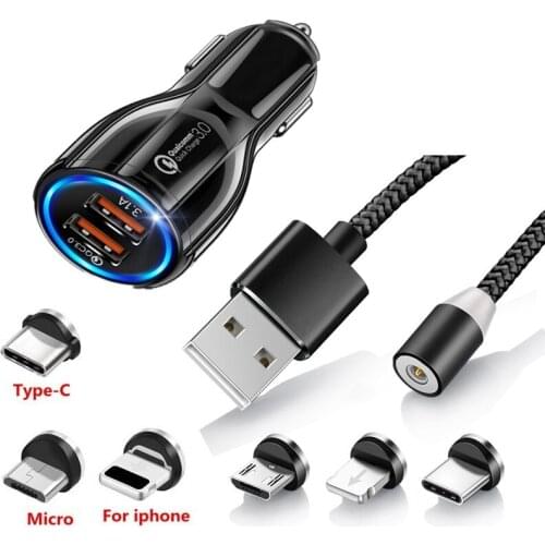 QC 3.0 Fast Charging Car Charger For XiaoMi Redmi Note8 Pro 8T 8A 7 7A For Samsung S20 Plus A30 A80 A71 Magnetic Micro USB Cable