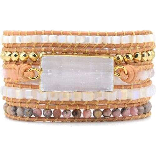 Natural Gypsum Stone Leather Bracelet Newly Chic Bohemia 5X Wrap Bracelet Women Jewelry Gifts