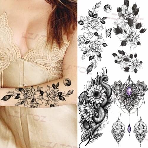 Black Big Rose Temporary Tattoos For Women Adult Snake Pendant Sweetpea Fake Tattoo Sticker Body Art Drawing Half Sleeve Tatoos
