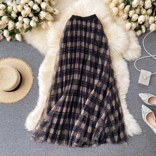 Foamlina Vintage Plaid Print Mesh Skirt for Women Fashion New Elastic Waist A-line Maxi Skirt Female Party Skirt Streetwear