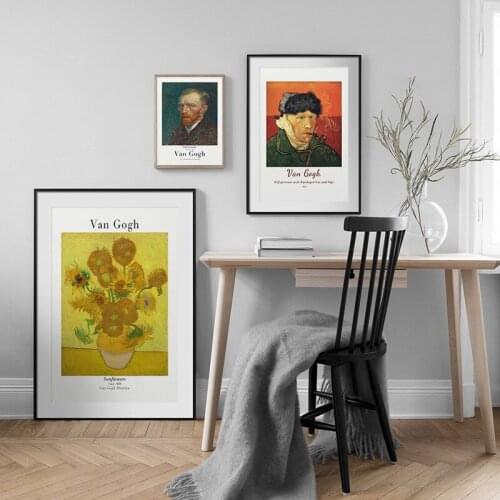 Van Gogh World Famous Self Portrait Sunflowers Canvas Painting Exhibition Posters Prints Wall Art Pictures Bedroom Gallery Decor