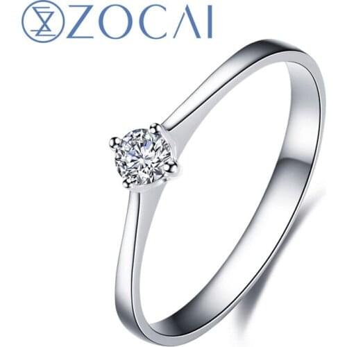 ZOCAI 4 Prongs Real 0.10 CT H / SI Diamond 18K White Gold Au750 Engagement Ring W00196