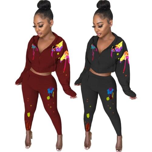 Inkjet Printing Hooded Loose Sports Casual Pants Suit Streetwear Zipper Hooded Crop Top + Sweat Pants Slim Two Piece Set Outfits