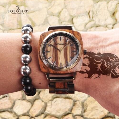 BOBOBIRD Fashion Mens Wristwatch Wood &Stainless Steel Watch reloj hombre Christmas Gift with Bamboo Box Drophipping L-T06-1