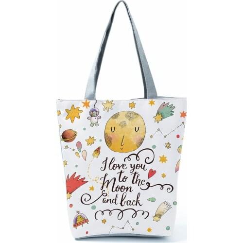 Moon Cartoon Printed Handbags Reusable Shopping Bag Yellow Tote High Capacity Women Shoulder Bag Travel Beach Star Storage Bag