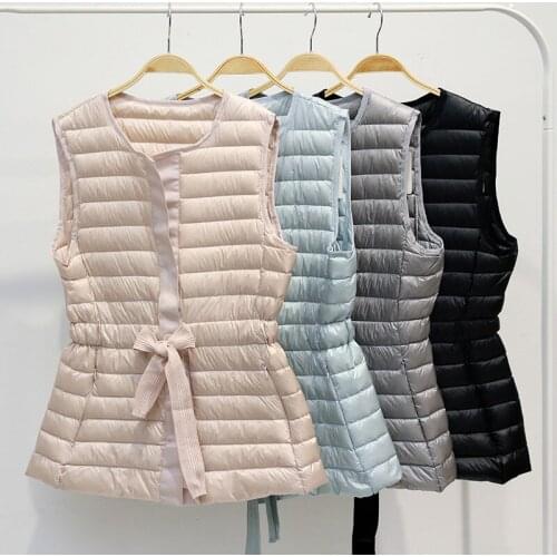 New Spring Autumn Vintage Drawstring Light Thin Down Vest Women Outwear Sweet O-Neck Short Vests Fashion sleeveless jacket Mw579