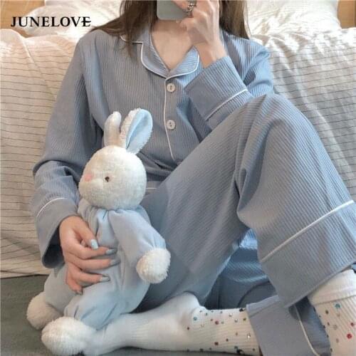 JuneLove Pajamas For Women Long Sleeve Sleep Tops Cotton Pajamas Women Two Piece Set Pijamas Loungewear Spring Pyjama Femme Sets