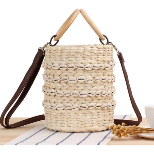 New Natural Shell Bucket Woven Bag Japanese and Korean Hand Carrying Crossbody Dual-Use Straw Casual Womens Bag