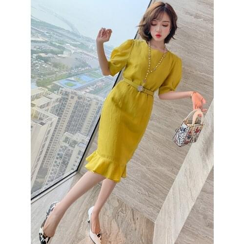 Trendy round Neck Court Sleeve Waistband Stitching Lotus Leaf Solid Color Elegant Dress Womens Fashion Summer New