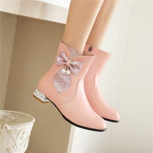 YQBTDL 2020 Winter Sweet Girls Bling Bowtie Crystal Chunky Heels Womens Boots Pink White Black Party Lolita Shoes Ankle Boot