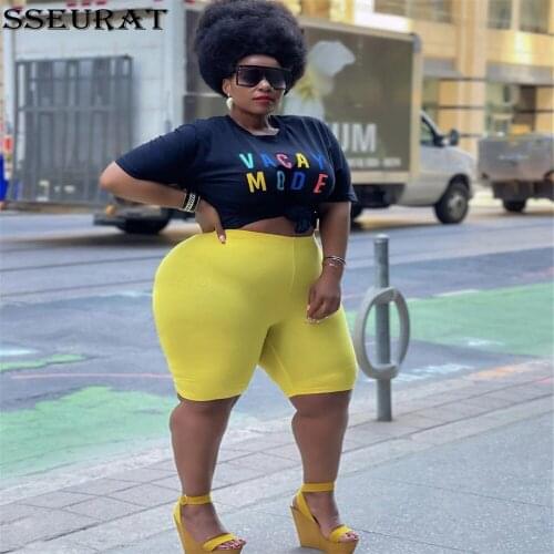 SSEURAT Plus-size Womens Monogrammed Short-sleeved T-shirt Shorts Printed Suit Summer Casual Sports Suit