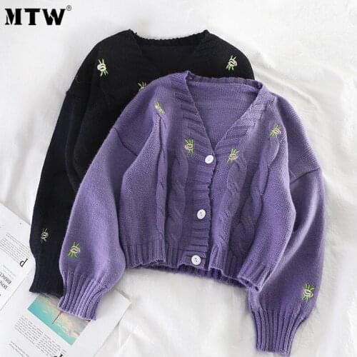 Women Knitted Cardigan 2020 Casual V-Neck Lantern Sleeve Cute Cute Harajuku Loose Embroidered Floral Sweater