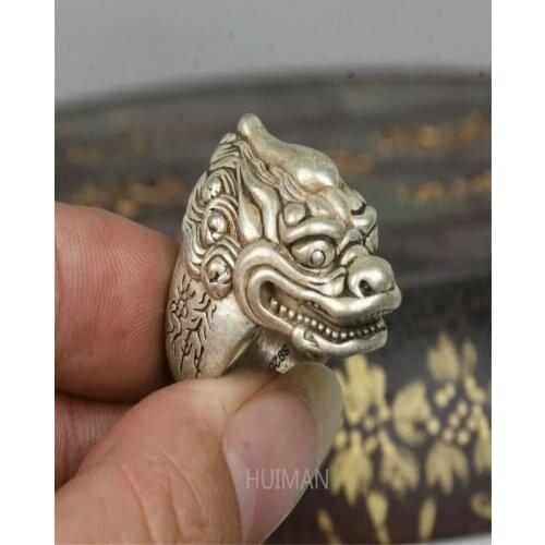 3.1CM Old Chinese Miao Silver unicorn Beast Head Beast Jewellery Hand Ring