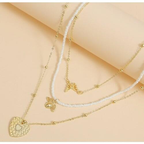 3 Pcs/Set Cute Insect Butterfly Bee Heart Pendant Necklaces Women Boho Ethnic Handmade Glass Beaded Metal Chain Layered Necklace