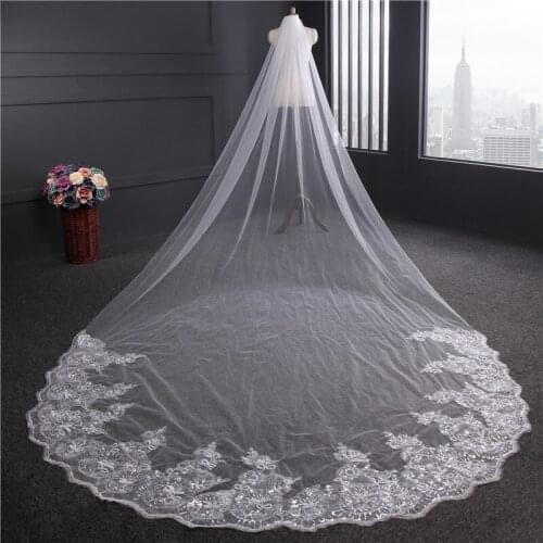 4m White Ivory Cathedral Wedding Veils Long Lace Edge Bridal Veil Comb Wedding Accessories Bride Mantilla Wedding Veil