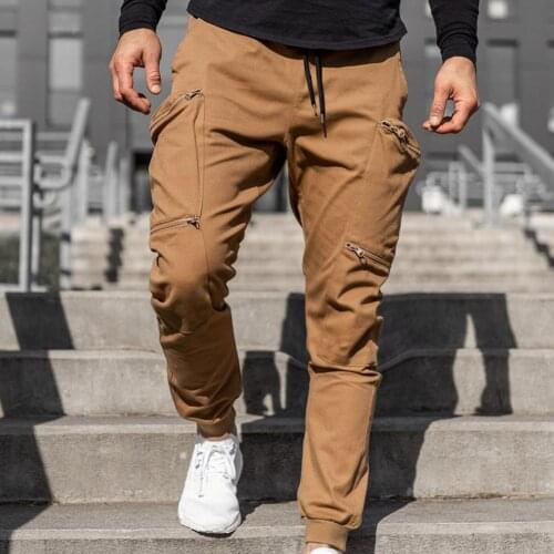 New Stylish Multi Zipper Pockets Training Trousers Solid Color Men Ankle Tied Mid Waist Cargo Pants for Outdoor Sports