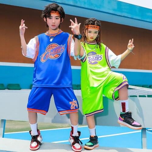 Fluorescent Green Suit Grils Hip Hop Dance Clothing Boys Jazz Dance Costumes Ballroom Dance Clothes Kids Stage Outfits SL5065