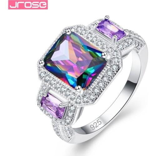 JROSE Wholesale Mystic Rainbow & Blue & Purple & White CZ Silver Ring Size 6 7 8 9 Engagement Fashion Jewelry Women Rings