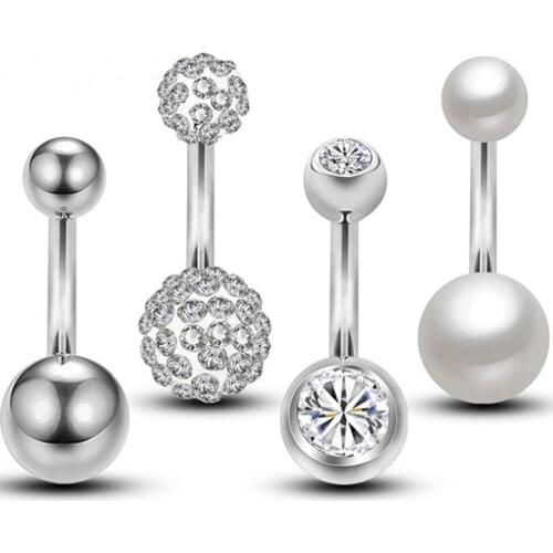 4Pcs New Fashion 14G Belly Button Rings Pearl Crystal Two Balls Navel Piercing Body Jewelry