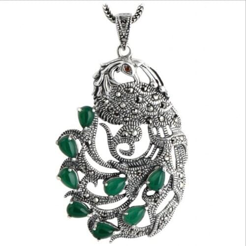 Thai silver pendant for woman s925 pure silver jewelry inlaid chalcedony Marcasite female peacock woman Pendant 017961w