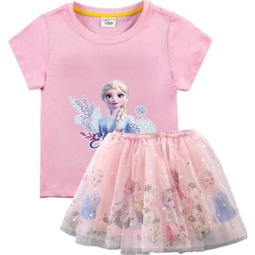 Summer Little Girls Clothes Frozen Elsa Shirt&mesh Skirt Two Piece Fashion Children Outfits Set Kid Costume Teenage Clothing