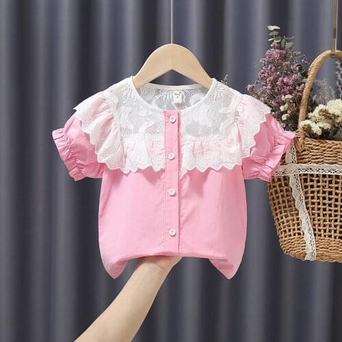 Sweet Baby Girls Puff Sleeve Blouse Kids Girl Pink Shirt Summer Tops T-shirt Lace Princess Children Blouses and Shirts 12M-6Y