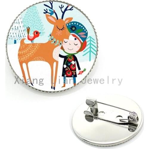 Fashion Christmas Illustration Art brooch pins Cute Children Deer Christmas Tree picture brooches women kid New Year gifts CM159