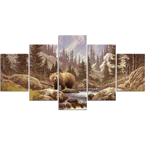 5 Piece Forest Bear Paintings Modular Landscape Canvas Pictures Wall Art Home Decor Framework HD Prints Poster