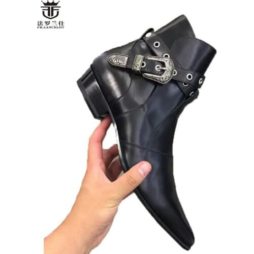 FR.LANCELOT 2020 buckle men boots genuine leather black Pointed Toe luxury fashion classic party shoe formal ankle boots men