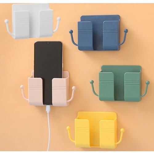 1PC 4 Colors Wall Mounted Mobile Phone Storage Box Multifunctional Air Conditioner Remote Control Plug Shelf Stand With 2 Hooks