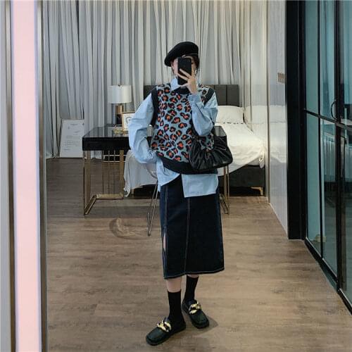 2021 Spring New Women 's Suit Fashionable Knitted Sweater + Shirt Bottoming Shirt + Denim Skirt Three - Piece Suit