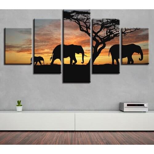 Posters Painting On Canvas Home Decoration Modern 5 Panel Elephant Tree For Living Room Wall Art Pictures HD Printed Frame