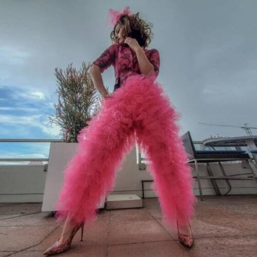 Chic Ruffles Tiered Tulle Pants Plus Size Bottom Summer Long Women Pants Elastic Waistband Custom Made Female Clothing