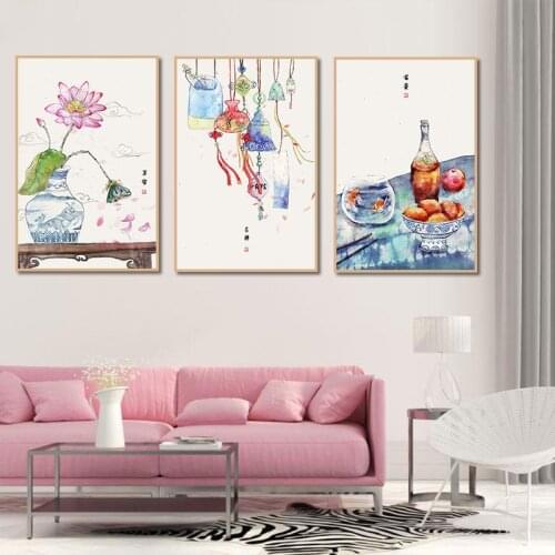 Tranditional Chinese Canvas Poters Paintings Lotus Pictures for Home Design Living Room Decoration Wall Art Frameless Interior