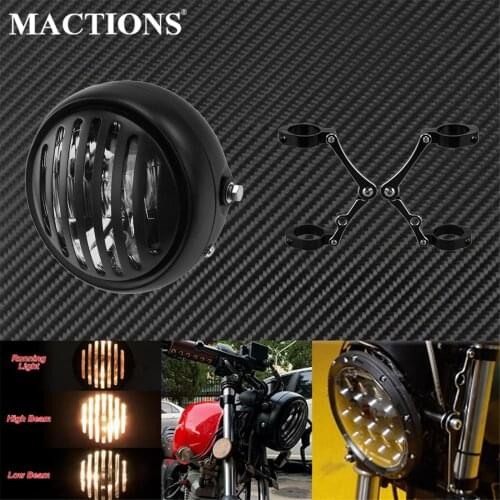 Universal Motorcycle Retro LED Grill Headlight W/ 39mm-41mm Headlamp Bracket Mount Clamp For Harley Touring Sportster For Honda