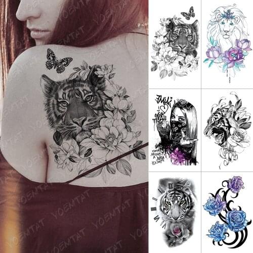 Waterproof Temporary Tattoo Sticker Tiger Flowers Butterfly Flash Tattoos Lion Cool Girl Crown Body Art Arm Fake Tatoo Women Men
