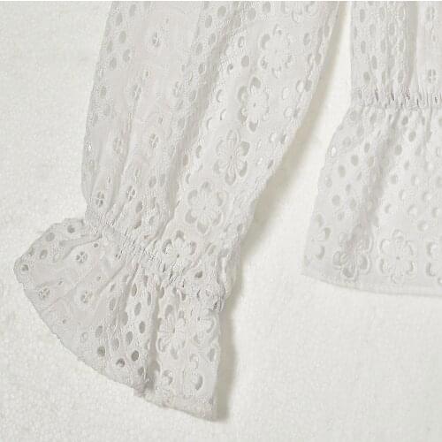 Women Blouse and Top Temperament Style Female Lace Hollow Out Embroidery Printing Ruffled Trim Puff Sleeve Top and Shirt