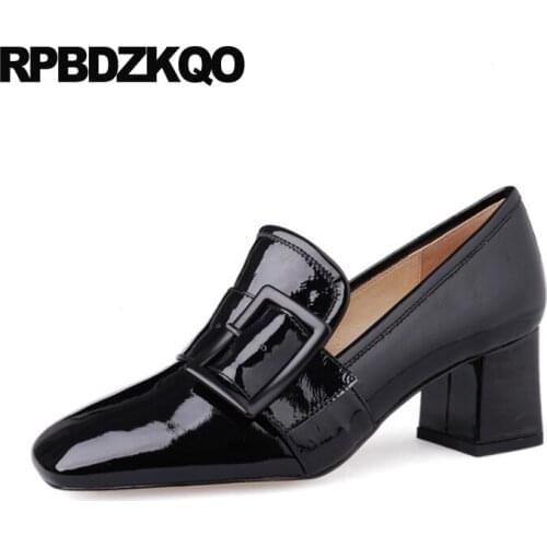 Women Slip On Black Square Toe Fashion Block Thick Size 4 34 Blue Patent Leather Shoes Pumps Medium Heels Chunky 2019 Genuine