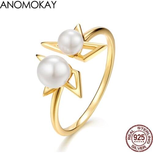Anomokay Geometric Set with Pearl Open Gold Color Rings Real 925 Sterling Silver Resizable Rings for Women Fashion Gift