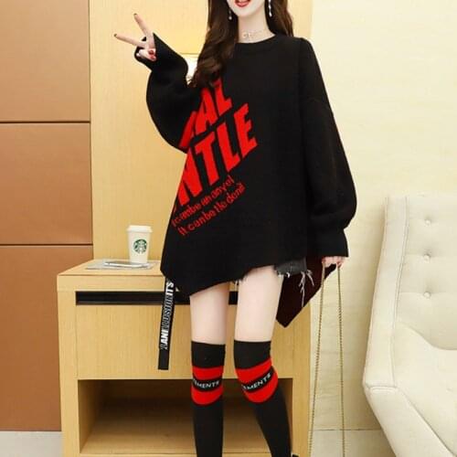 #6392 Black Green Pink Streetwear Asymmetrical Sweater Women Letters Casual Loose Knitted Long Sweater Ladies Lantern Sleeve