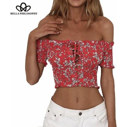 HStar Summer Tops For Womens Tops and Blouses Streetwear Floral Print Off Shoulder Shirts Sexy Lace Up Ladies Top